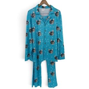 PetFace Pajamas Set Women 2XL Turquoise Blue Cat Face Paw Print Button Front PJ